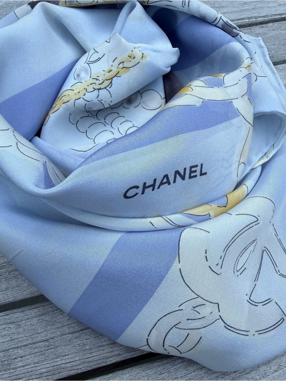 CHANEL Vintage Silk Scarf – CC Logo & Gripoix Jewelry Print in Powder Blue